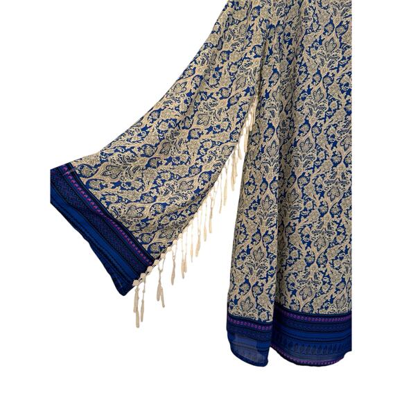 Umgee Blue Boho Shift Dress Open Fringe Sleeves Lined Paisley Print L Fall Boho - Picture 6 of 11